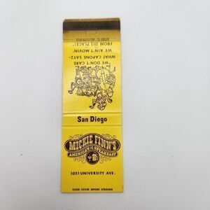 Vintage Matchbook San Diego California Mickie Finn's Collectible Ephemera
